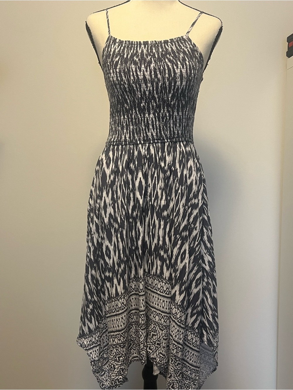 Japna Black & White Smocked Asymmetrical Ikat Dress